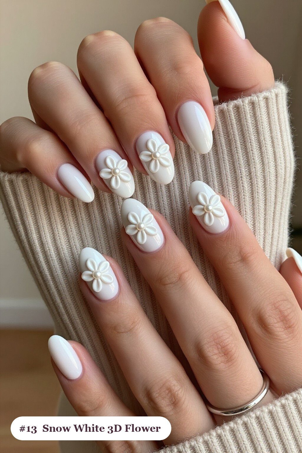 Snow‑White 3D Flower Christmas Almond Nails - christmas almond nails