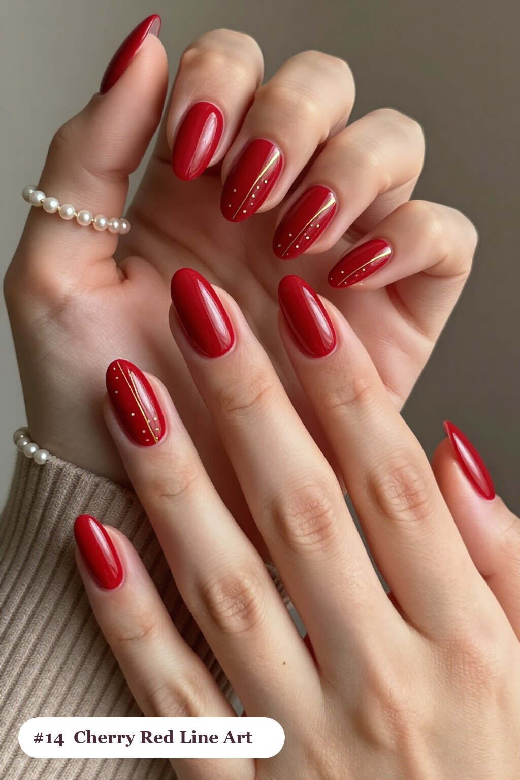 Cherry Red Almond Nails with Gold Line Art: On Short Nails - christmas almond nails