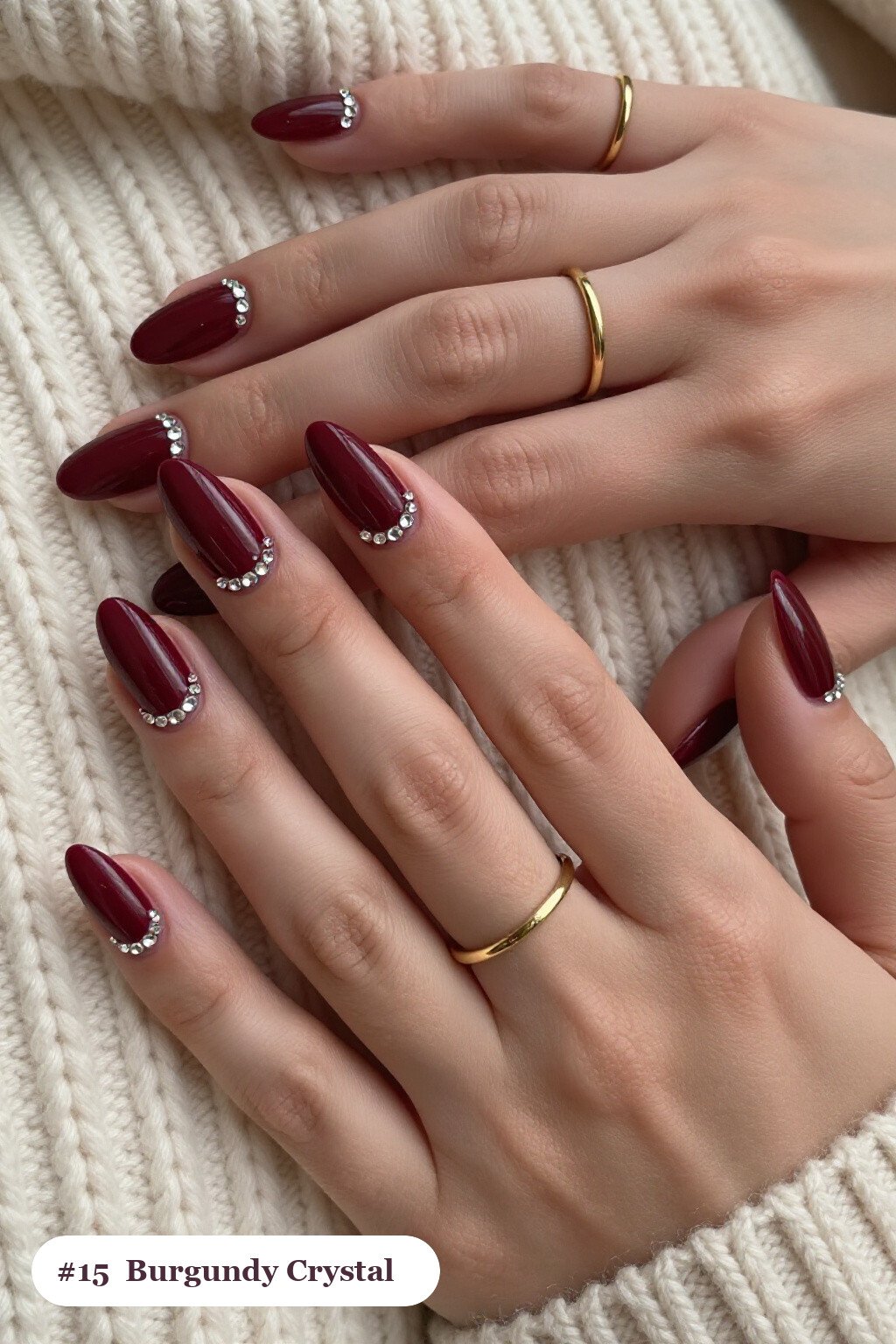 Burgundy Rhinestone‑Studded Almond Nails - christmas almond nails