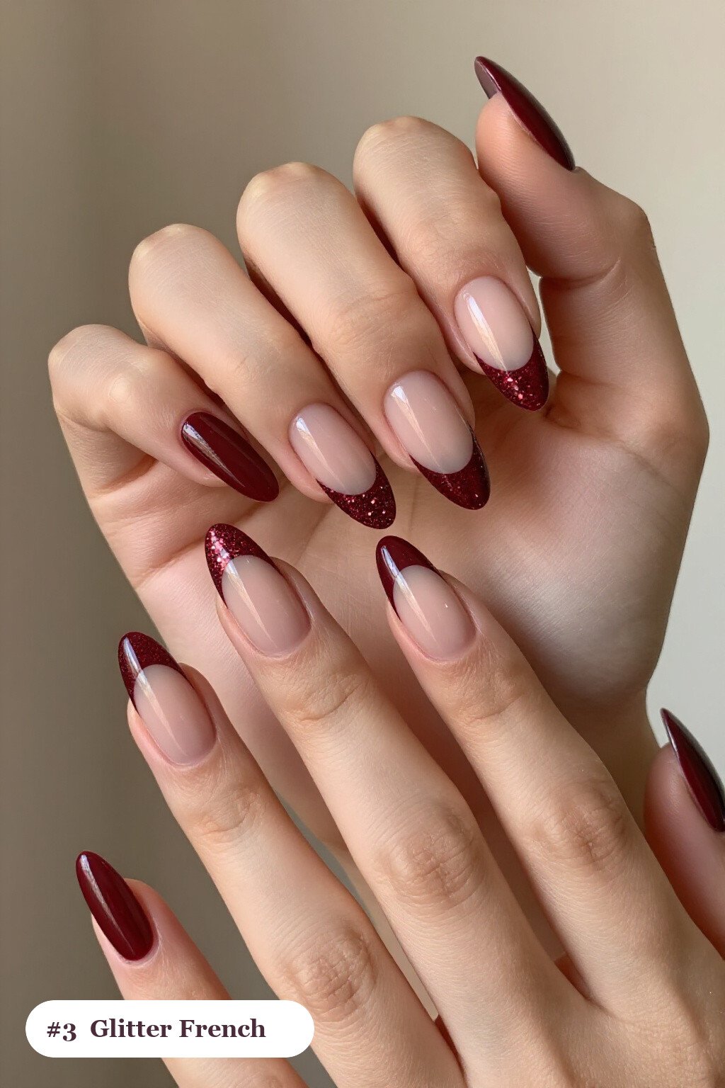 Burgundy French‑Tip Christmas Almond Nails with Glitter - christmas almond nails