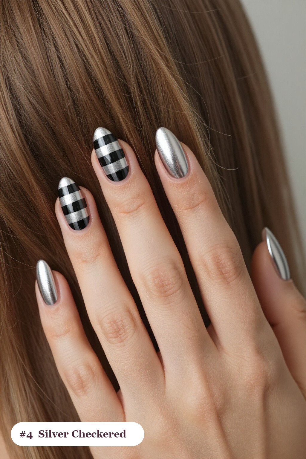 Silver Checkerboard Accent Almond Nails - christmas almond nails