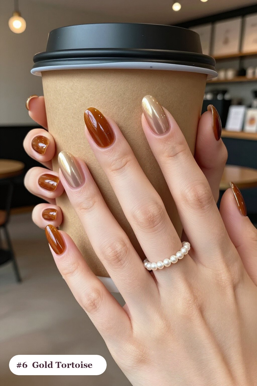 Gold Almond Nails with Amber Tortoiseshell Accents - christmas almond nails