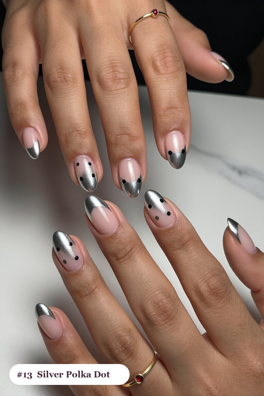 Silver Almond Nails Playful Polka Dots in Dual Tones – Fun Festive Flair - christmas almond nails short Silver Almond Nails Playful Polka Dots in Dual Tones – Fun Festive Flair - christmas almond nails short