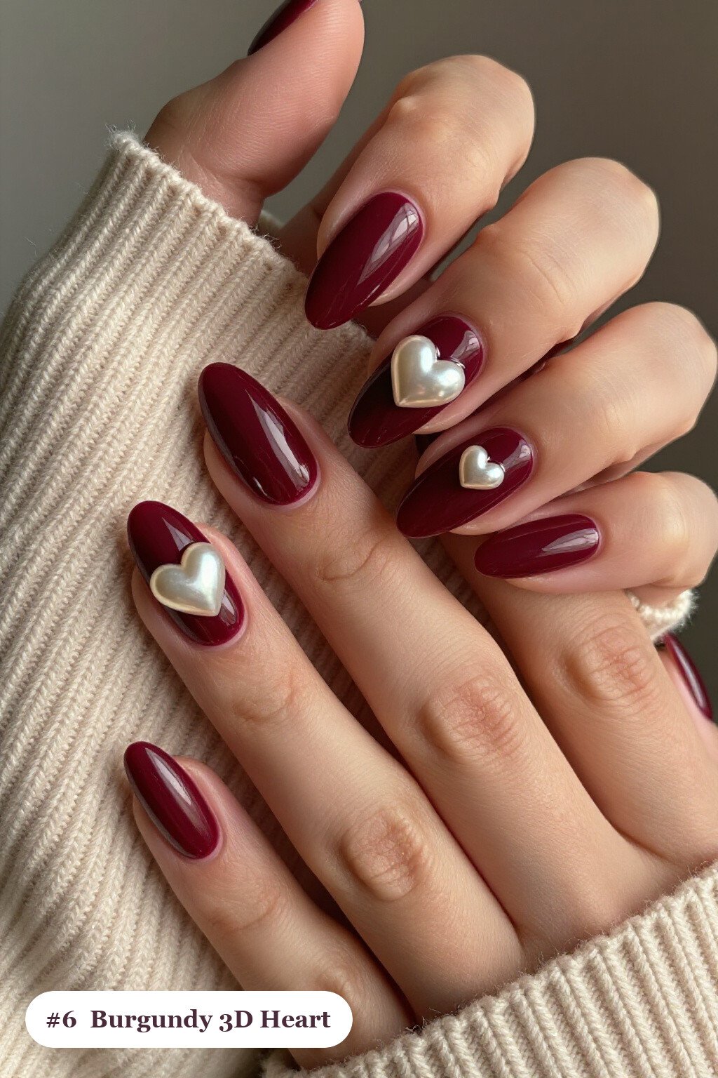 Burgundy Almond Nails with Chunky 3D Hearts & Pearls: Best Shades for Every Season - christmas almond nails short Burgundy Almond Nails with Chunky 3D Hearts & Pearls: Best Shades for Every Season - christmas almond nails short
