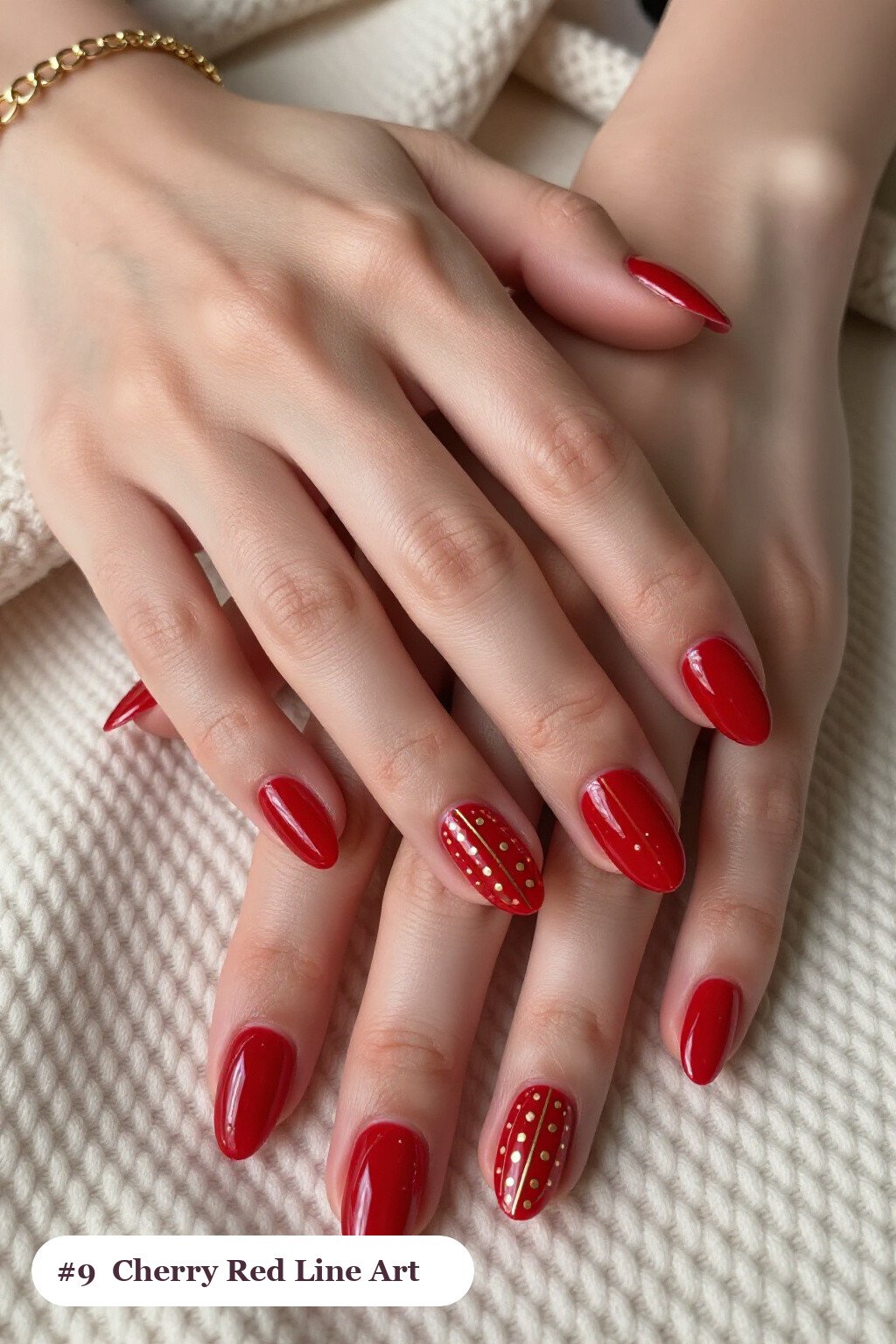 Cherry Red Almond Nails with Fine Gold Line Art & Dots – Chic Holiday Detailing - christmas almond nails short Cherry Red Almond Nails with Fine Gold Line Art & Dots – Chic Holiday Detailing - christmas almond nails short