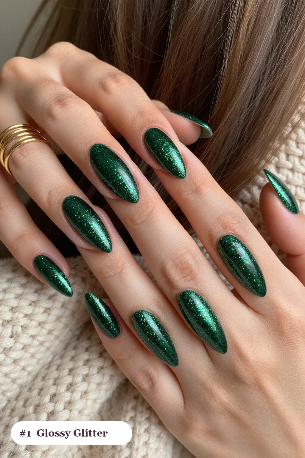 Long stiletto emerald green glitter nails with sparkling glitter clearly visible on every nail, glossy and flawless, perfect for christmas - christmas glitter nails
