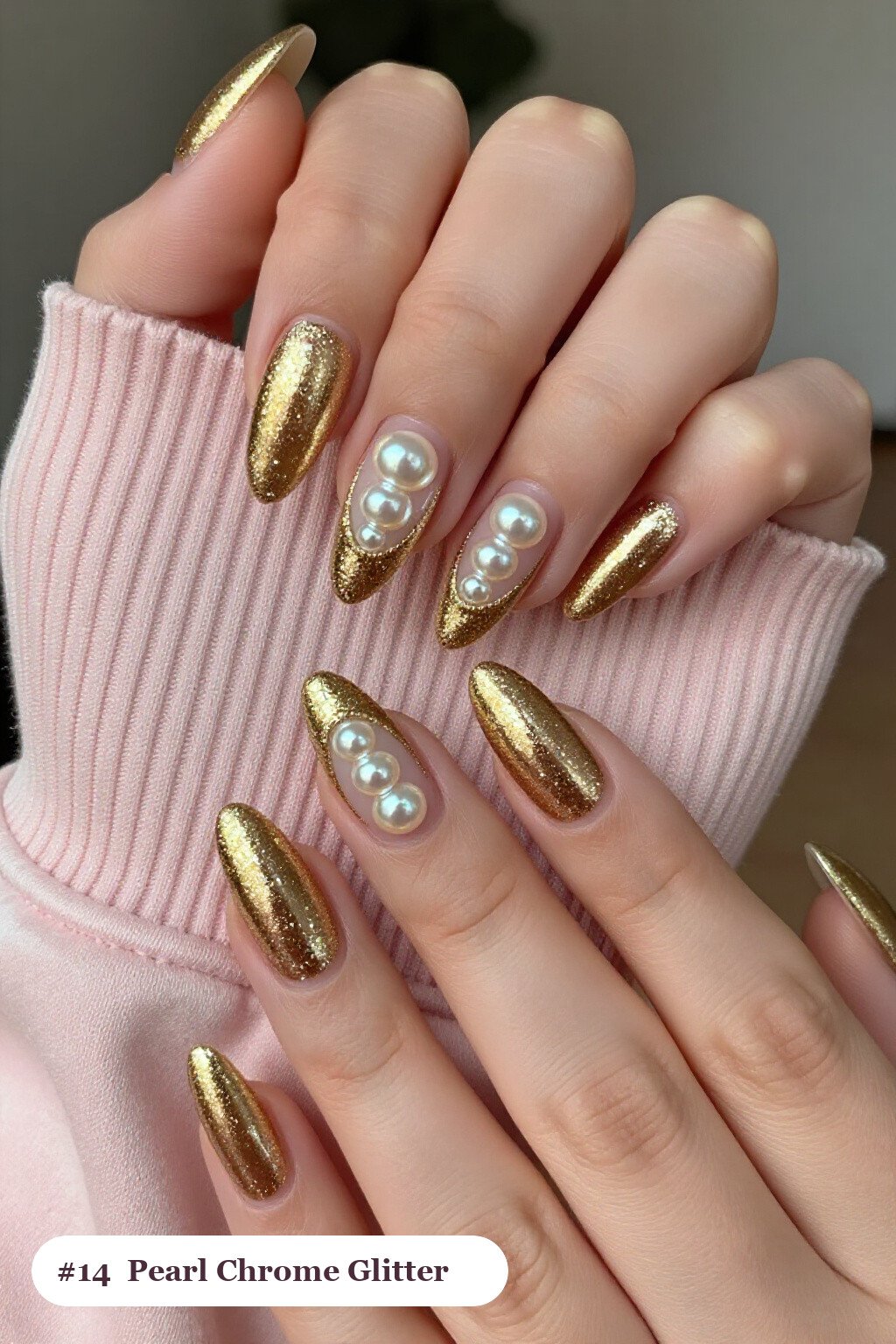 Long almond gold glitter nails with sparkling glitter clearly visible on every nail, styled with glazed pearl chrome over the colour for an iridescent sheen, perfect for christmas - christmas glitter nails