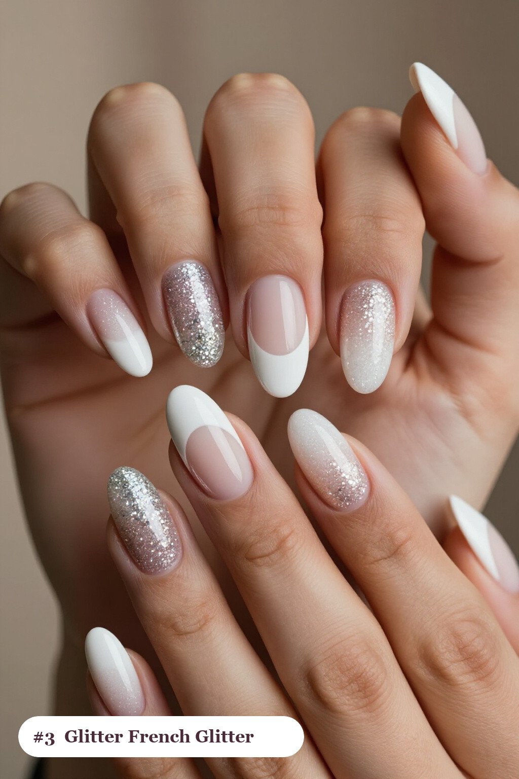 Medium oval snow white glitter nails with sparkling glitter clearly visible on every nail, styled with glitter-packed french tips over a sheer nude base, perfect for christmas - christmas glitter nails