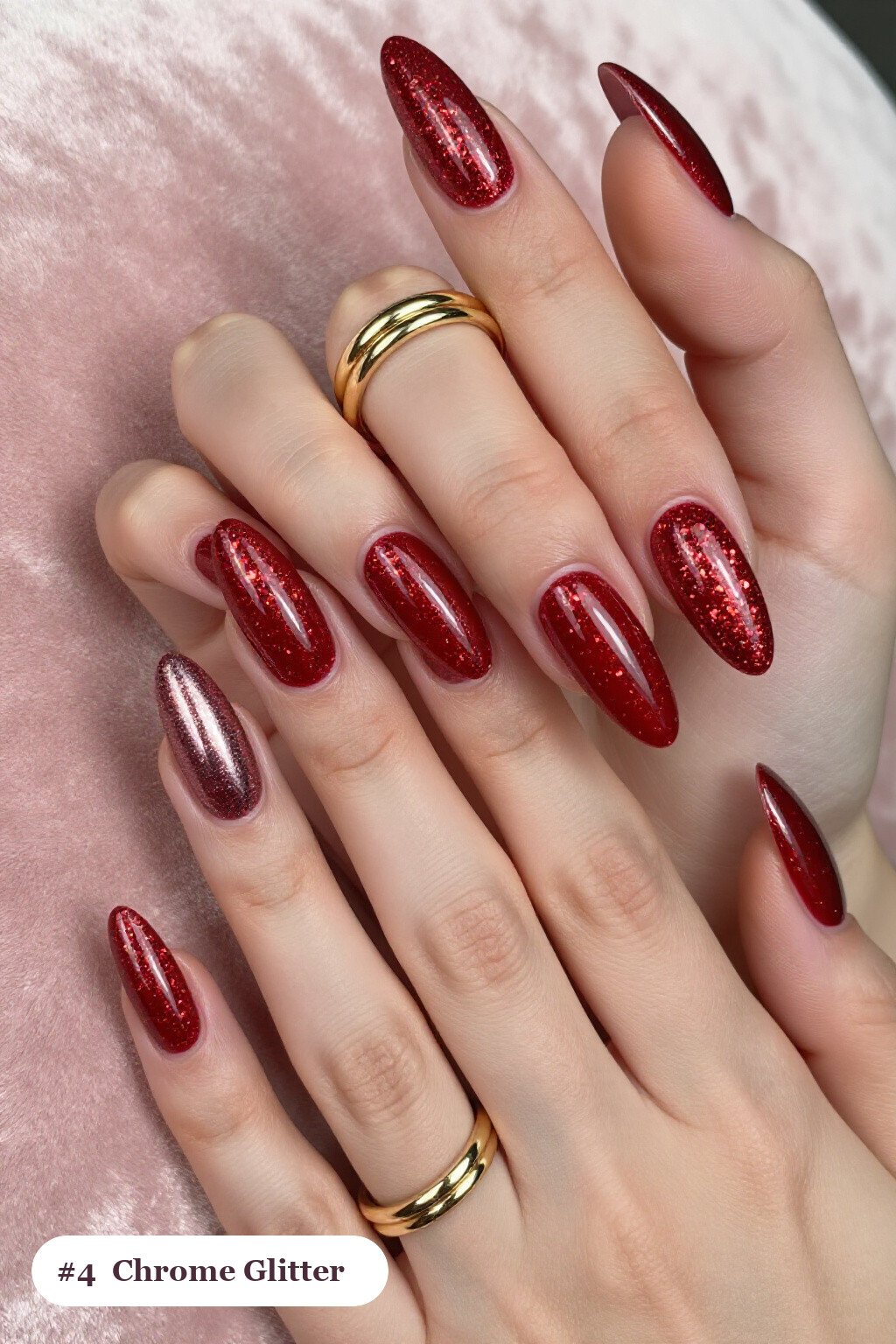 Long almond cherry red glitter nails with sparkling glitter clearly visible on every nail, styled with a liquid chrome mirror finish and bright metallic highlights, perfect for christmas - christmas glitter nails