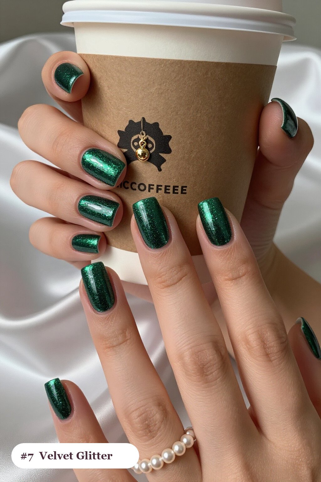 Short square emerald green glitter nails with sparkling glitter clearly visible on every nail, styled with a velvet shimmer finish with one glossy accent nail with a gold charm, perfect for christmas - christmas glitter nails