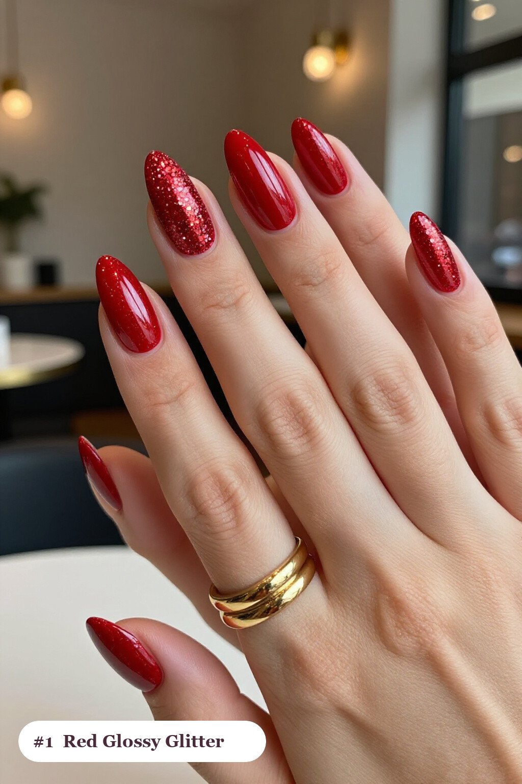 Long ballerina glitter red nails with sparkling glitter clearly visible on every nail, glossy and flawless, perfect for christmas - christmas glitter nails red