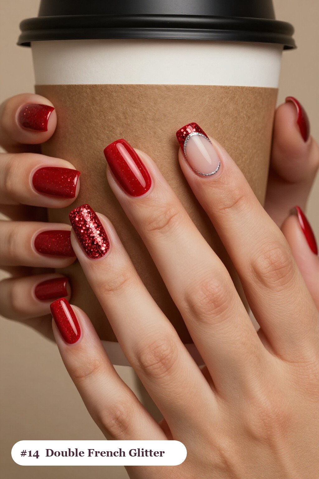 Medium square glitter red nails with sparkling glitter clearly visible on every nail, styled with double-line french tips in two colours, with silver details, perfect for christmas - christmas glitter nails red