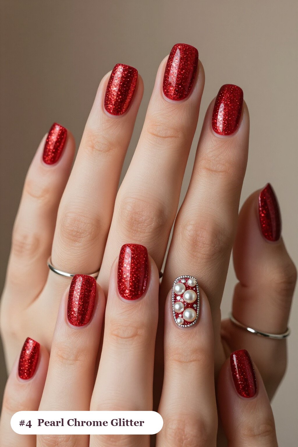Medium square glitter red nails with sparkling glitter clearly visible on every nail, styled with glazed pearl chrome over the colour for an iridescent sheen, with silver chrome details, perfect for christmas - christmas glitter nails red
