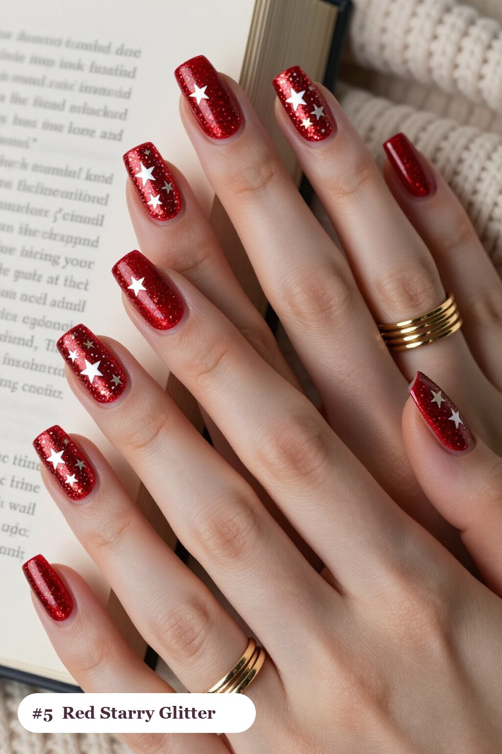 Short square glitter red nails with sparkling glitter clearly visible on every nail, styled with white and gold stars and sparkles painted on every nail, with rose gold details, perfect for christmas - christmas glitter nails red
