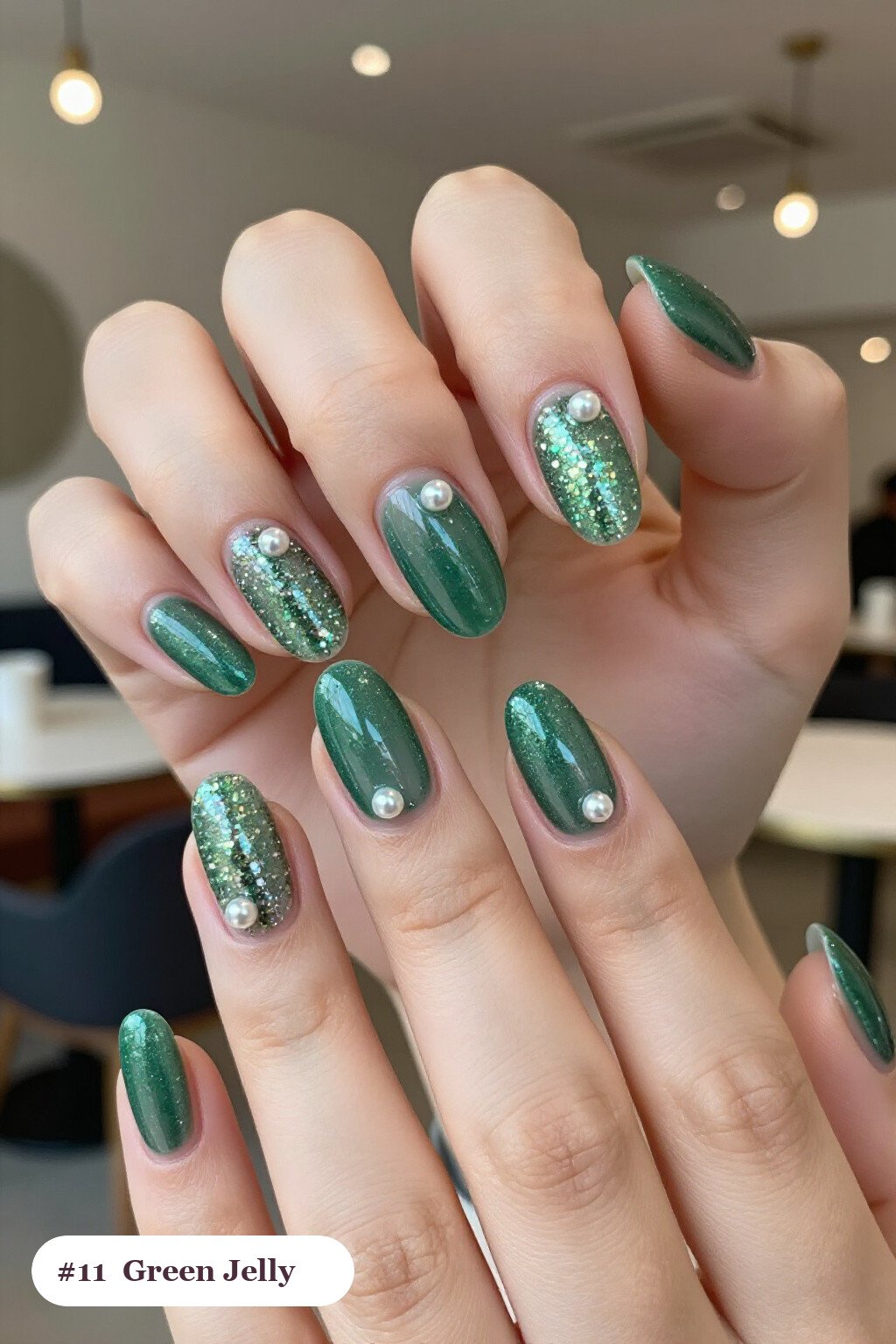 Jelly‑Clear Green Almond Nails with Encapsulated Glitter - christmas green nails Jelly‑Clear Green Almond Nails with Encapsulated Glitter - christmas green nails