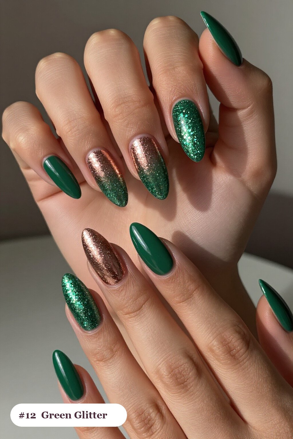 Glitter Gradient Almond Nails with Rose Gold Fade - christmas green nails Glitter Gradient Almond Nails with Rose Gold Fade - christmas green nails
