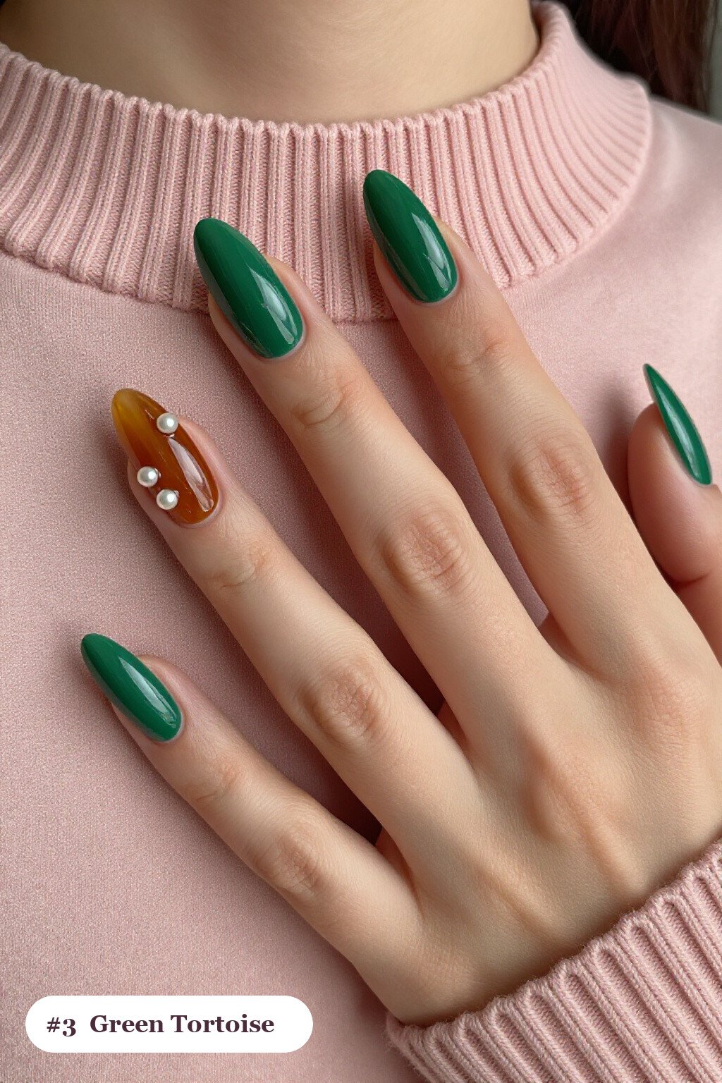 Amber Tortie Ballerina Nails with Pearl Accents - christmas green nails Amber Tortie Ballerina Nails with Pearl Accents - christmas green nails