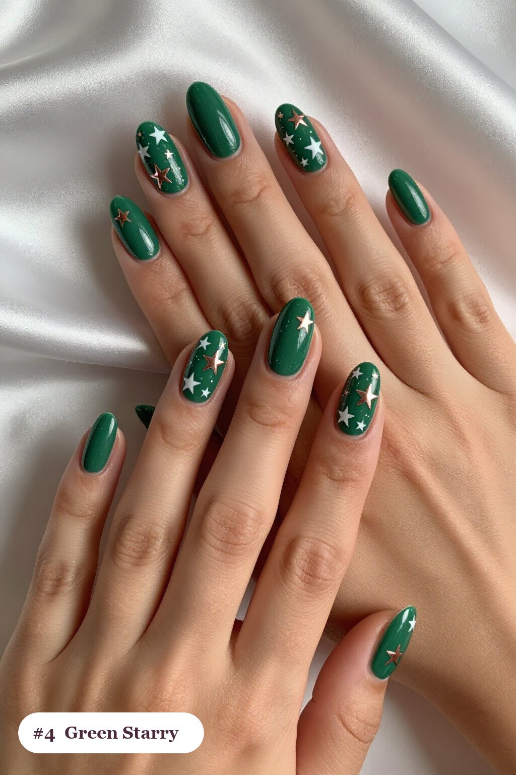 Star‑Studded Coffin Nails in Green with Rose Gold Sparkle - christmas green nails Star‑Studded Coffin Nails in Green with Rose Gold Sparkle - christmas green nails