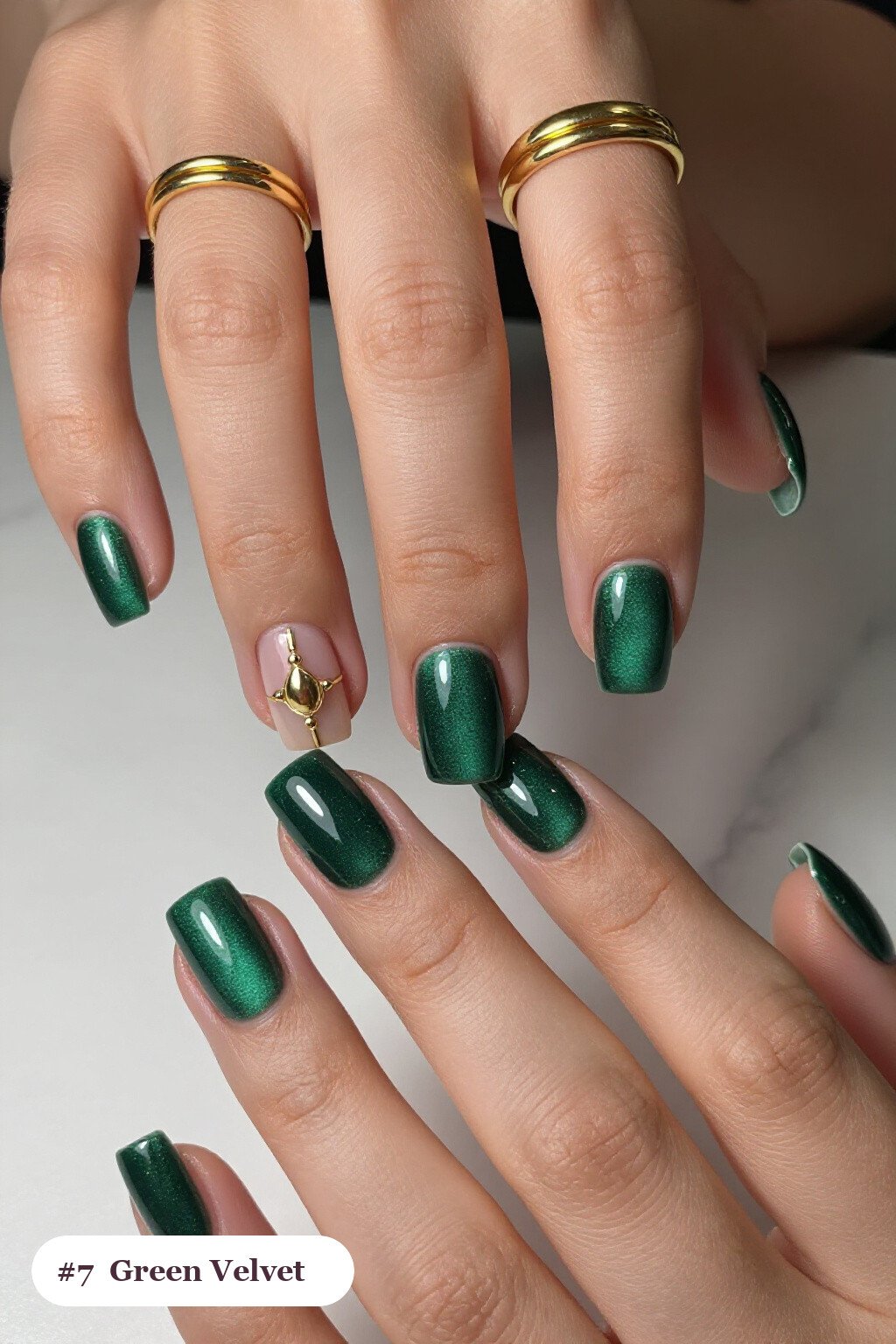 Velvet Shimmer Square Nails with Gold Charm Accent - christmas green nails Velvet Shimmer Square Nails with Gold Charm Accent - christmas green nails