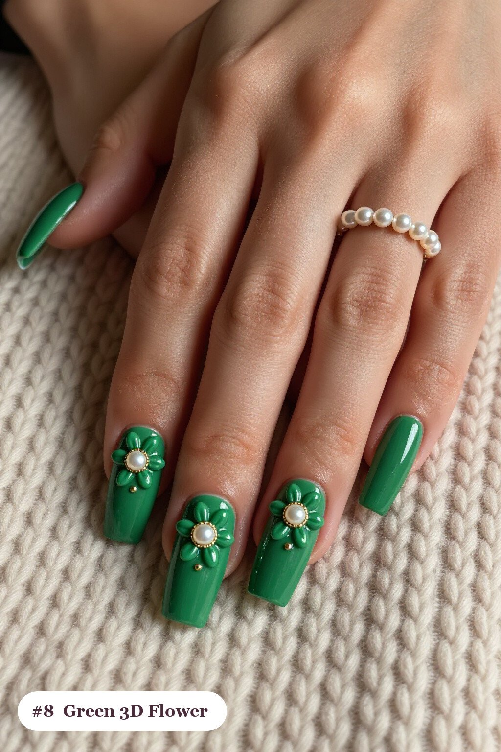 3D Flower‑Adorned Square Nails with Pearl Centers - christmas green nails 3D Flower‑Adorned Square Nails with Pearl Centers - christmas green nails