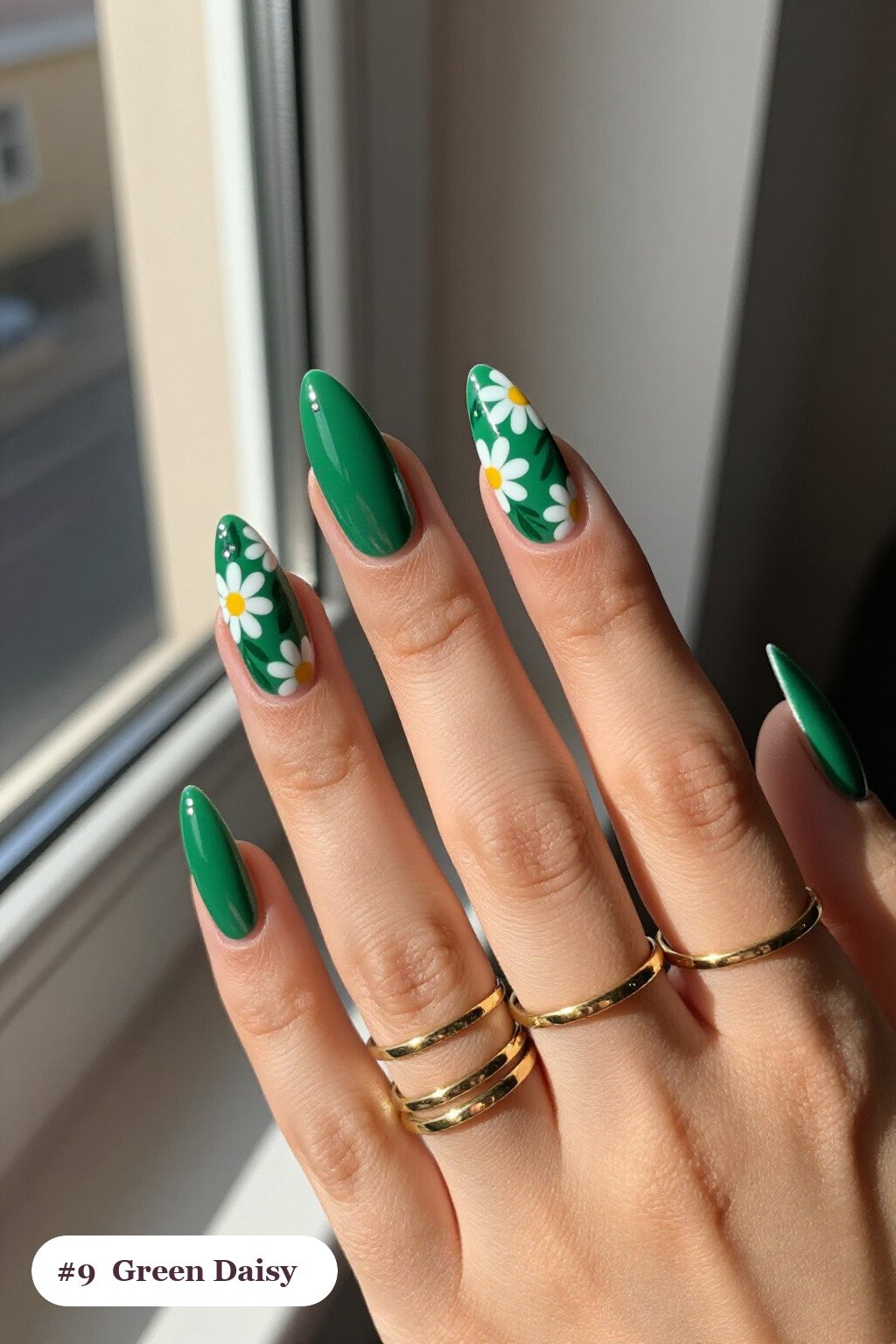 Hand‑Painted Daisy & Leaf Stiletto Nails - christmas green nails Hand‑Painted Daisy & Leaf Stiletto Nails - christmas green nails