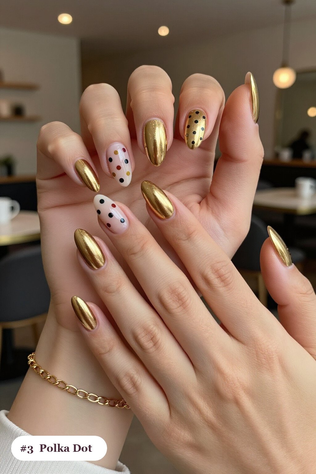 Gold Almond Nails with Playful Two‑Tone Polka Dots - christmas manicure ideas 2026