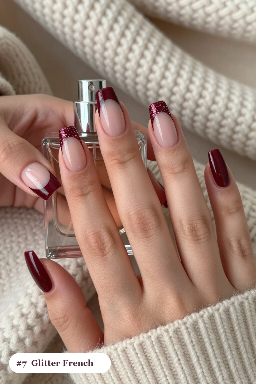 Burgundy Square Nails with Glitter‑Packed French Tips on Sheer Nude - christmas manicure ideas 2026