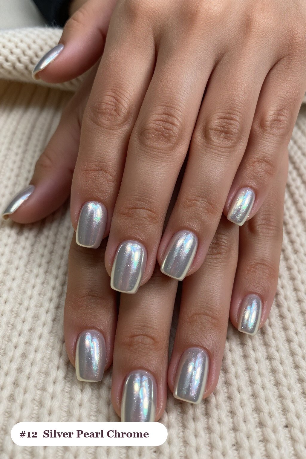Medium square silver nails with glazed pearl chrome over the colour for an iridescent sheen, perfect for christmas - christmas nail designs holiday