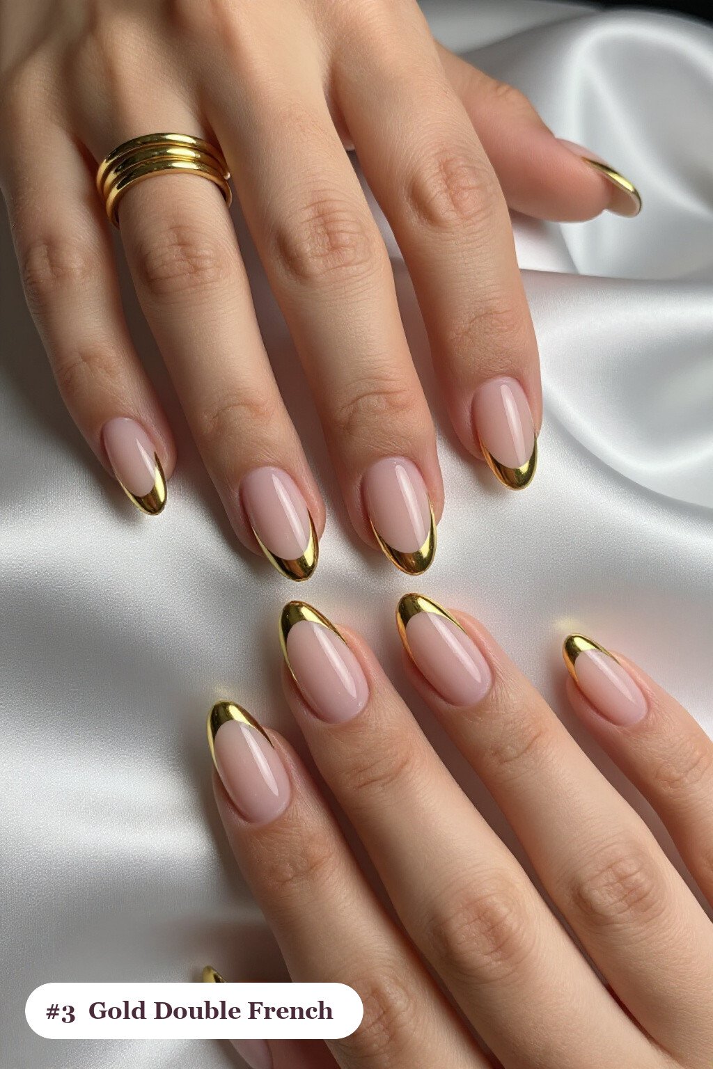 Long coffin gold nails with double-line french tips in two colours, perfect for christmas - christmas nail designs holiday