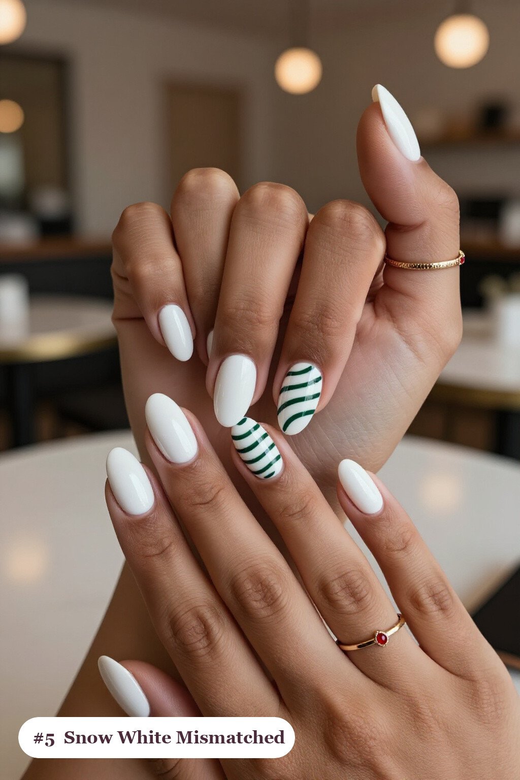 Medium oval snow white nails as a mismatched set where every nail has a different pattern in the same colour story, perfect for christmas - christmas nail designs holiday