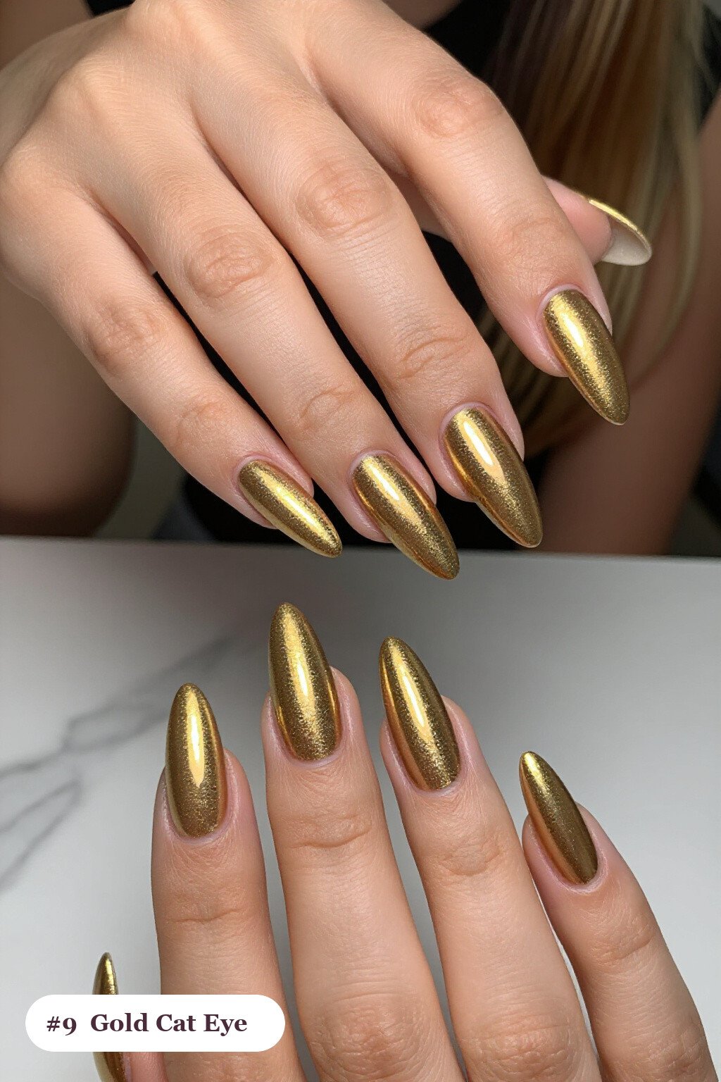 Long stiletto gold nails with a glowing shimmer band of light running down the centre of each nail like a gemstone, perfect for christmas - christmas nail designs holiday