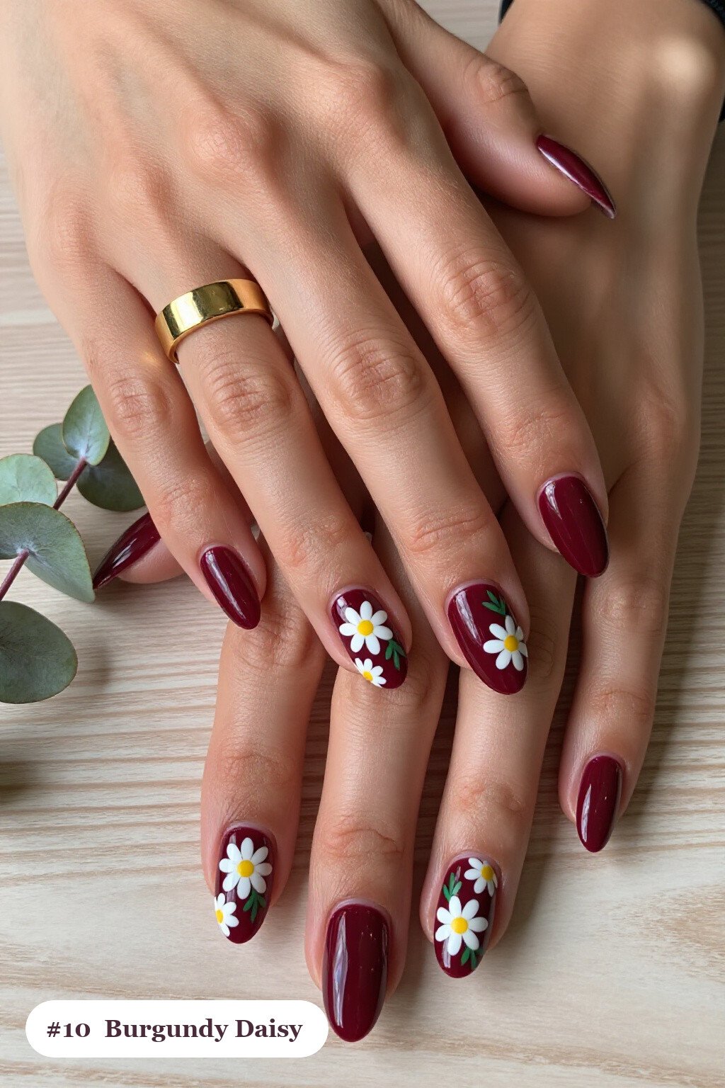 Burgundy Almond Daisies & Green Leaves: Fresh Festive Vibe - christmas nails