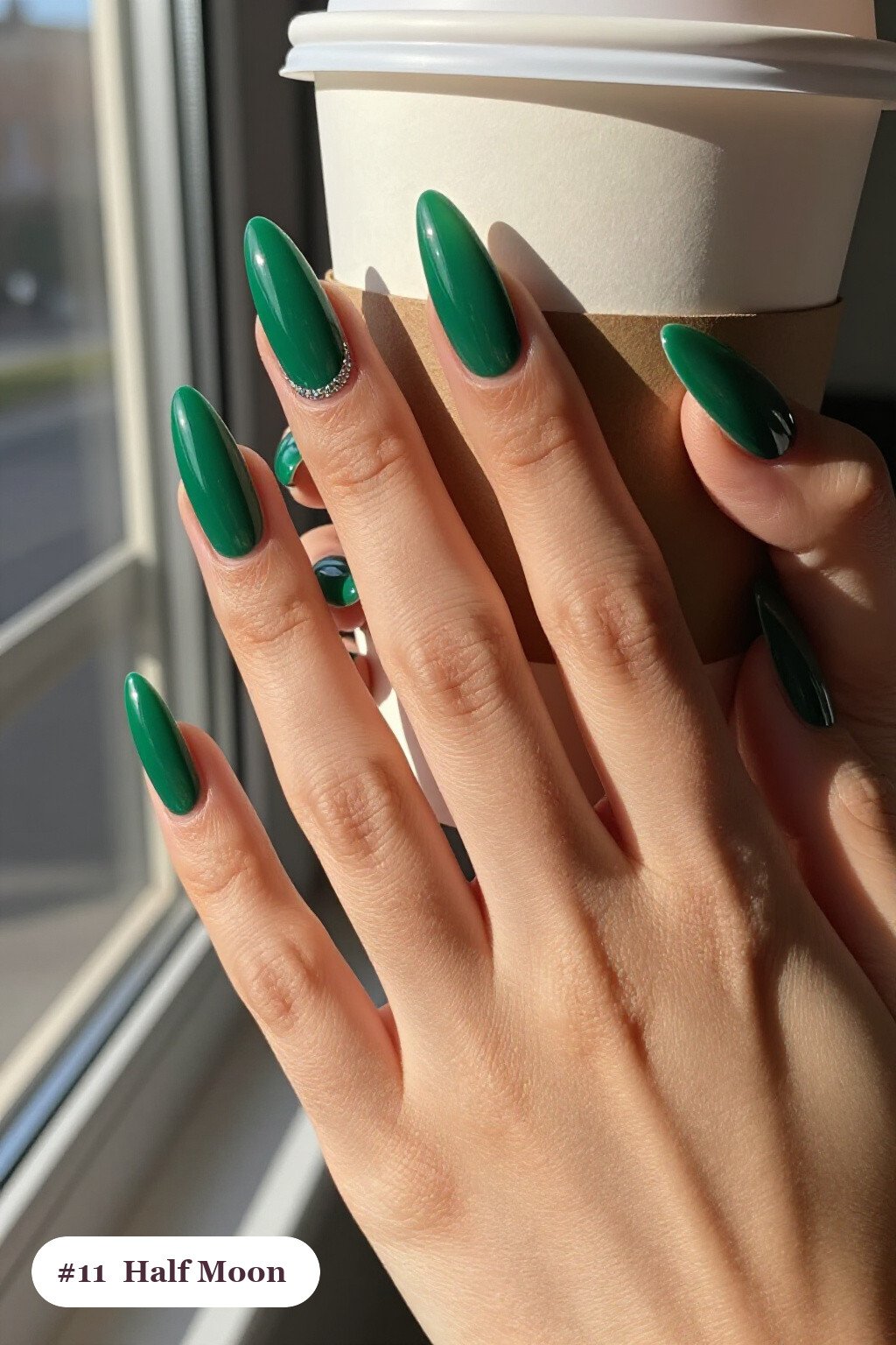 Emerald Stiletto Half‑Moon & Glitter Crescent: Seasonal Sparkle - christmas nails