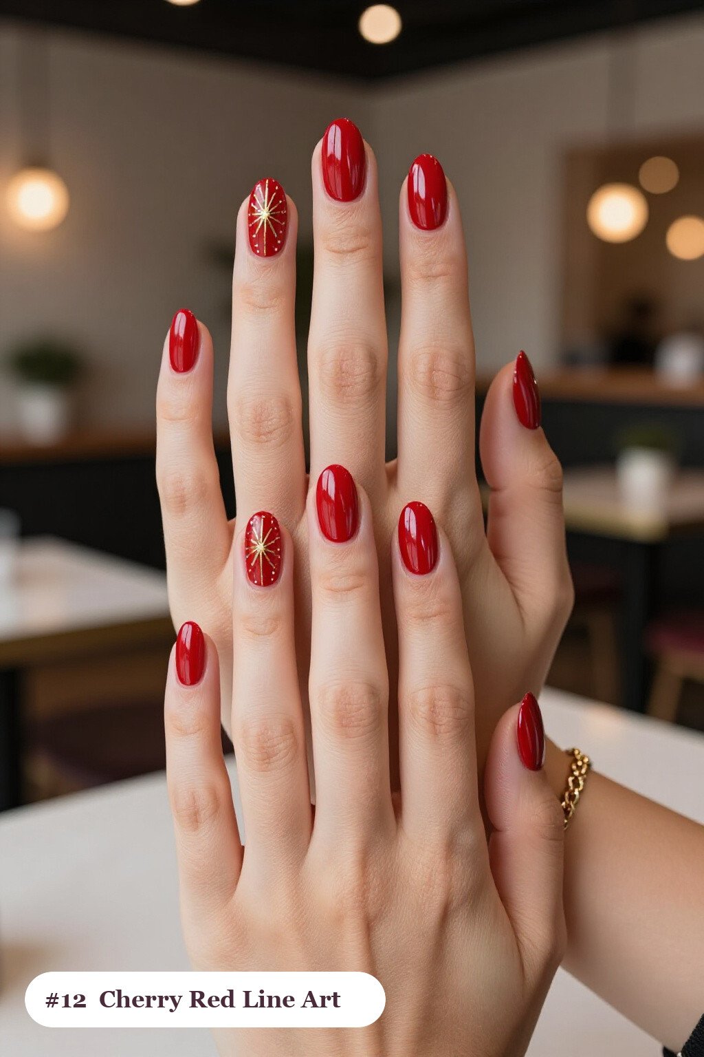 Cherry Red Oval Gold Line Art & Dots: Minimalist Holiday Nails - christmas nails