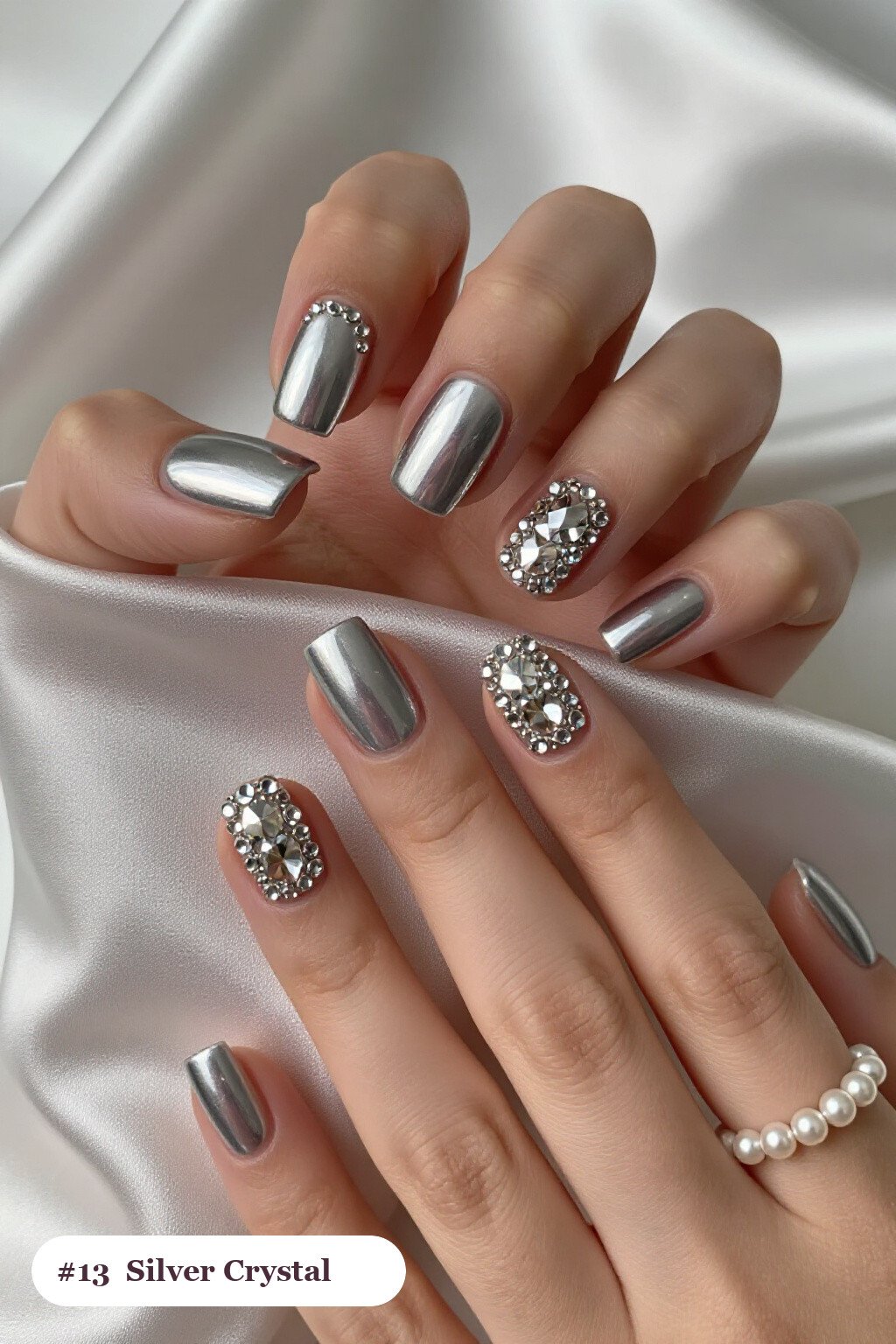 Short Square Silver Rhinestone Rows: On Short Nails - christmas nails