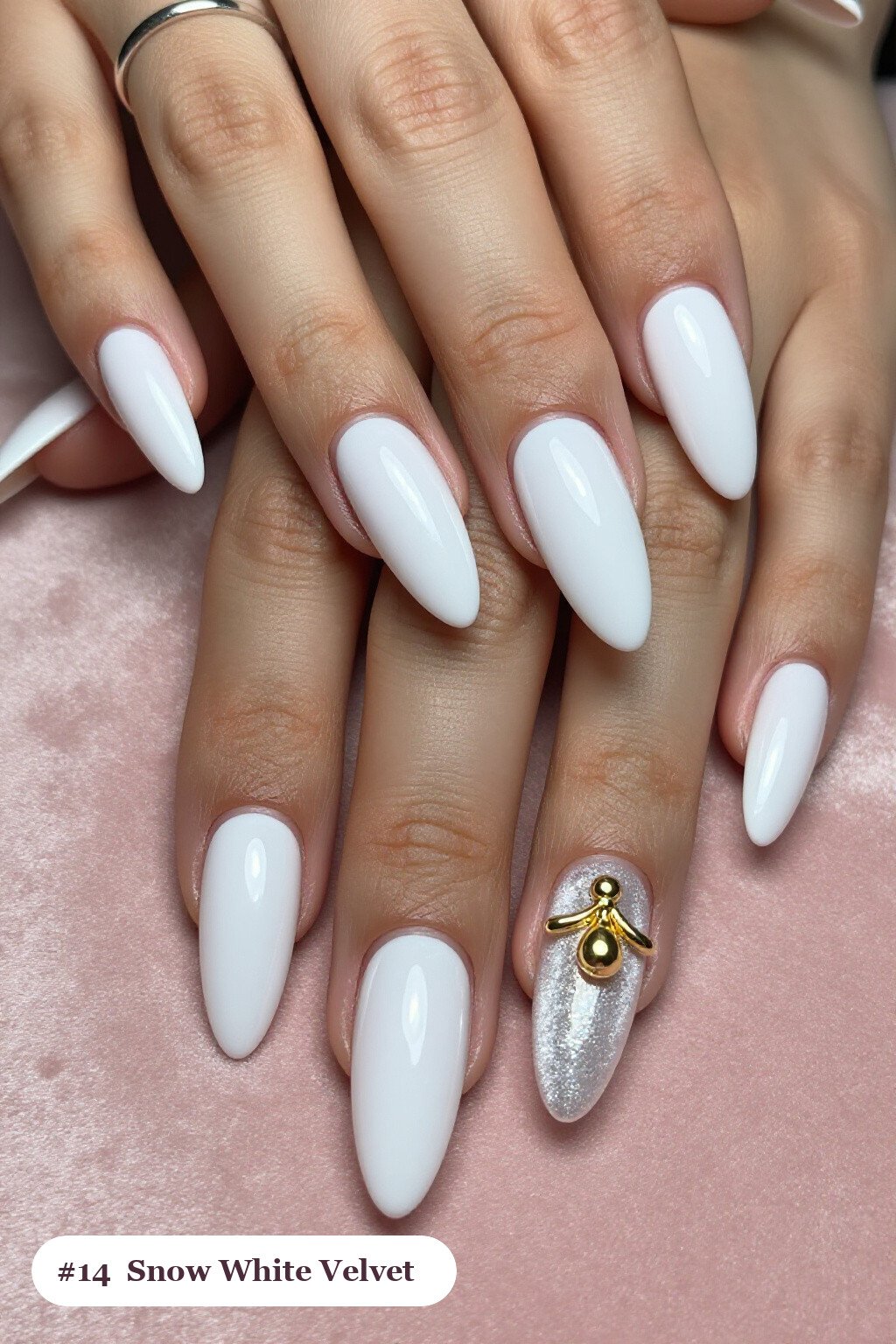 Snow‑White Coffin Velvet Shimmer with Gold Charm Accent - christmas nails