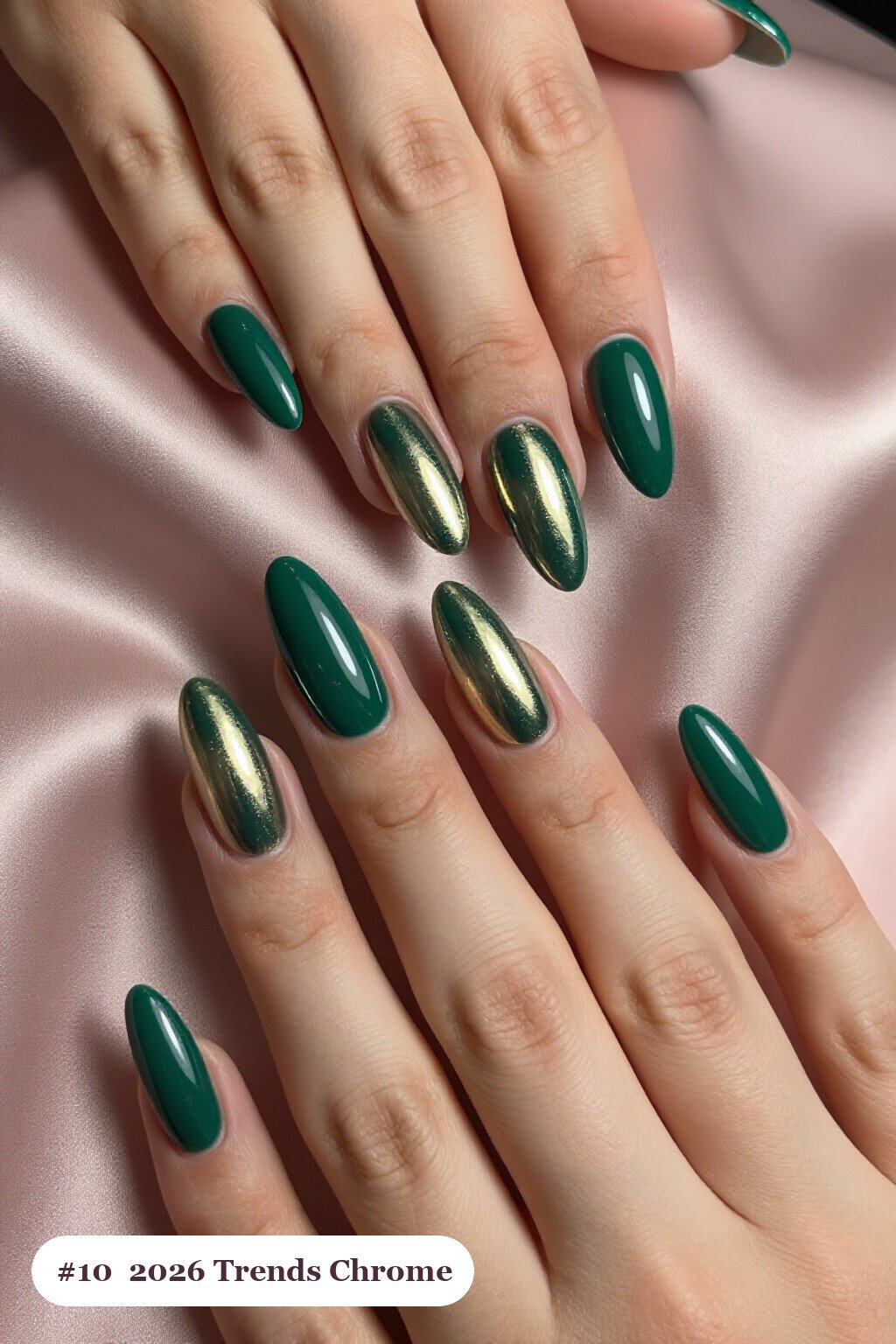 Long coffin emerald green 2026 trends nails with a liquid chrome mirror finish and bright metallic highlights, perfect for christmas - christmas nails 2026 trends