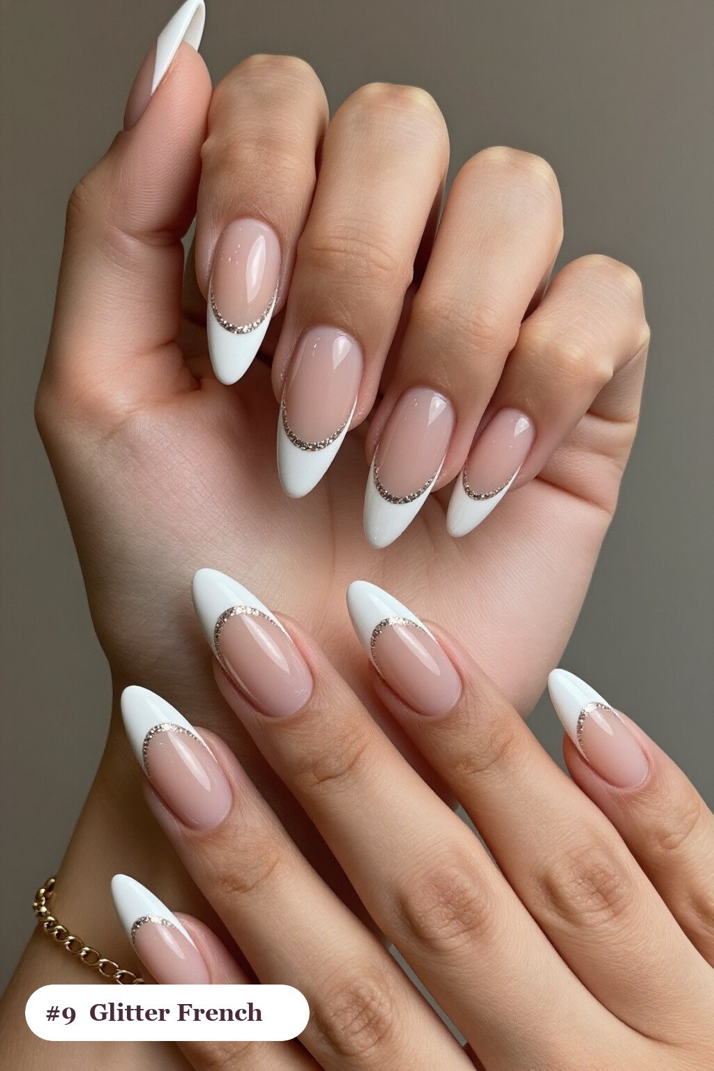 Long ballerina snow white 2026 trends nails with glitter-packed french tips over a sheer nude base, perfect for christmas - christmas nails 2026 trends