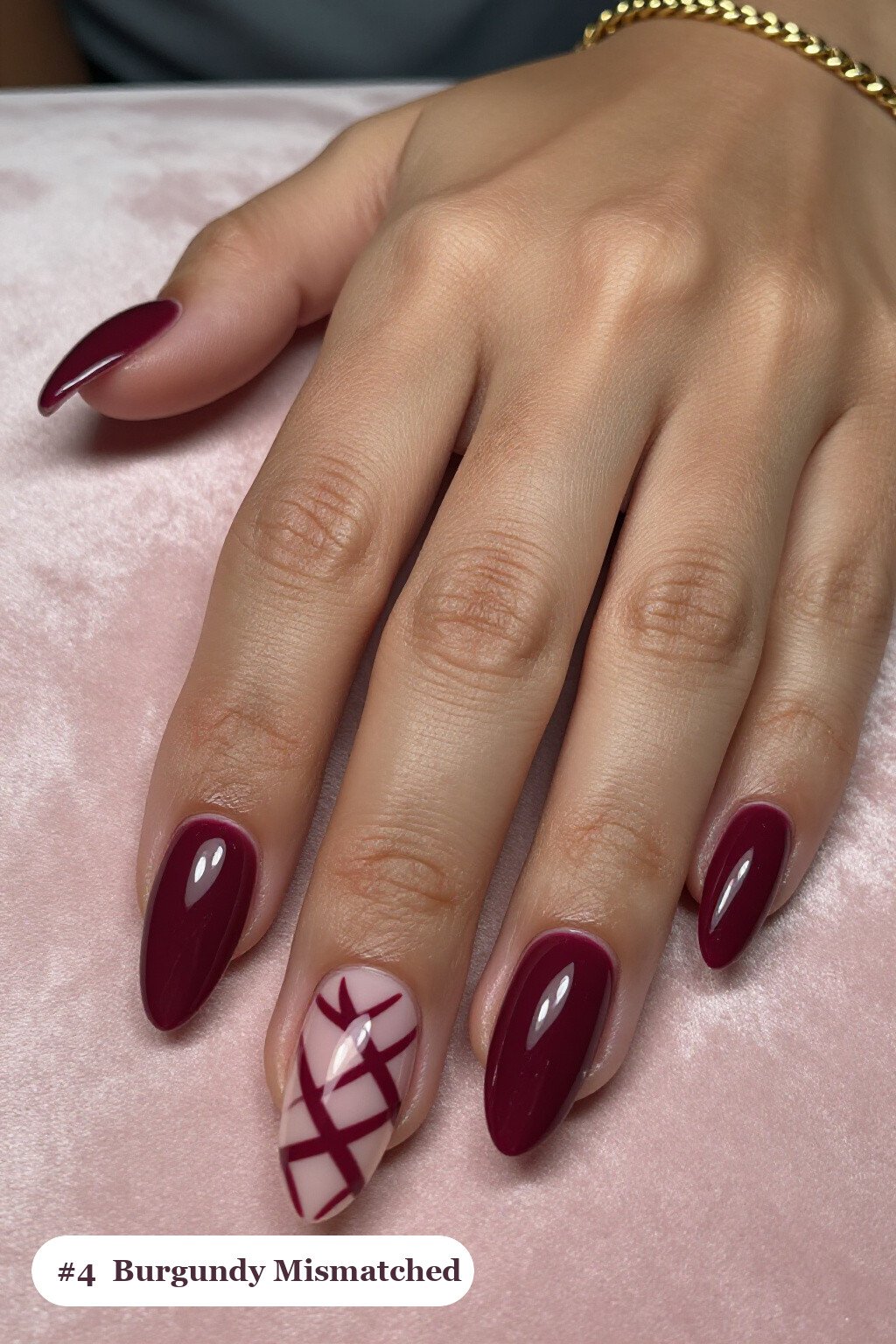 Burgundy Coffin Mismatched Patterns: Bold Christmas Nail Designs - christmas nails