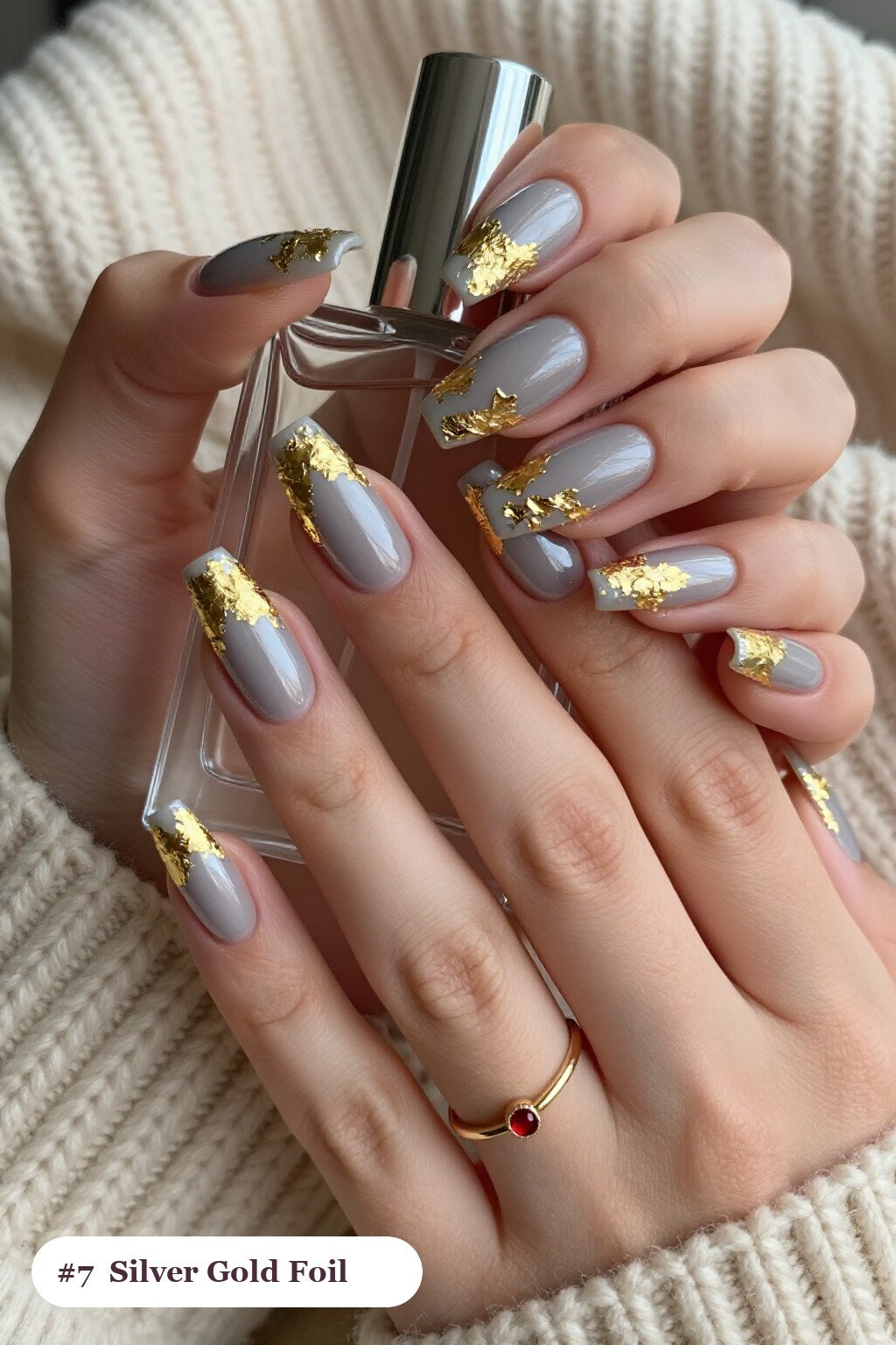 Silver Square with Gold Foil & Leaf: Luxe Festive Nails - christmas nails