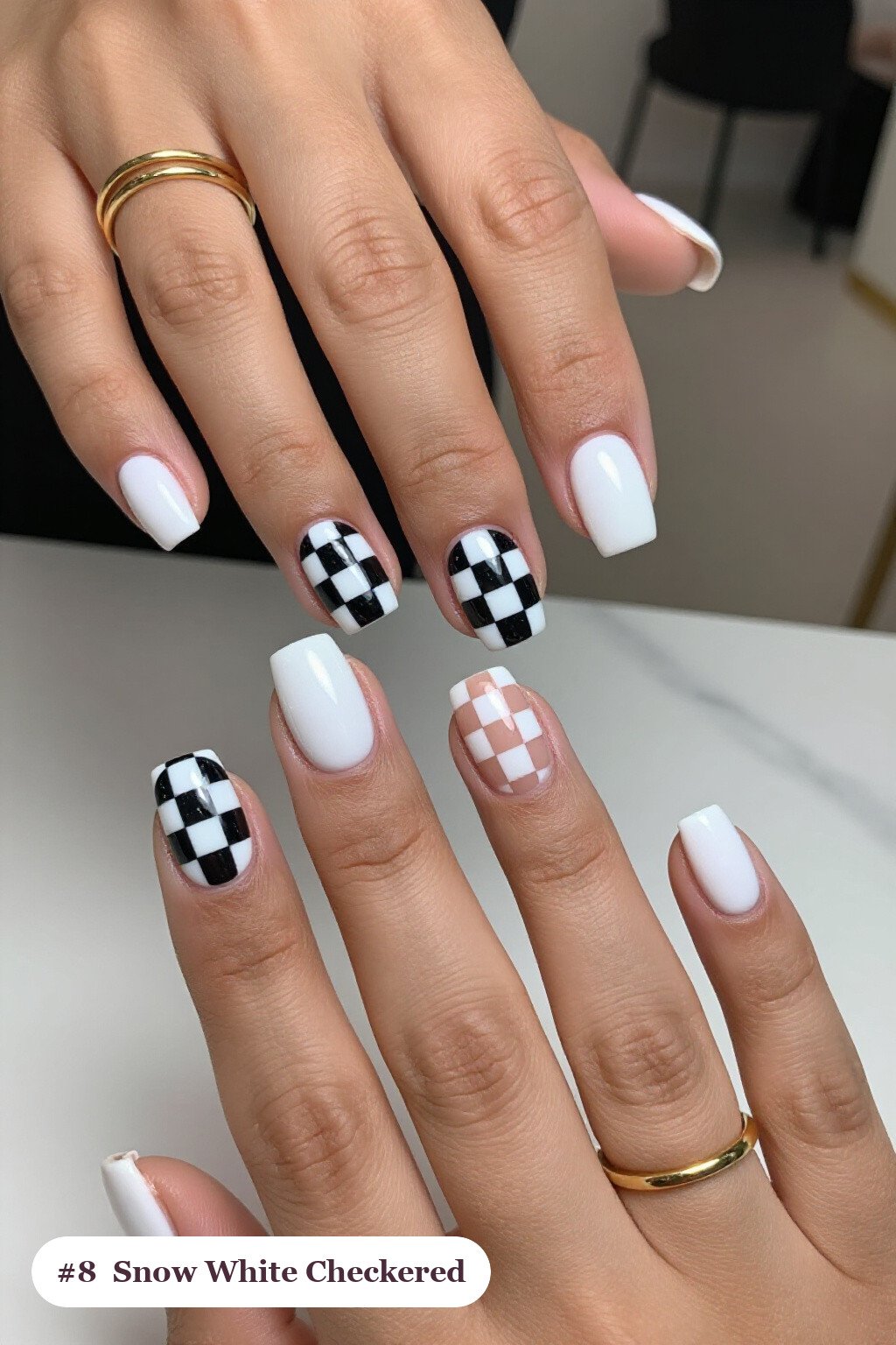 Snow‑White Square Checkerboard Accents: Easy Christmas Nails Look - christmas nails