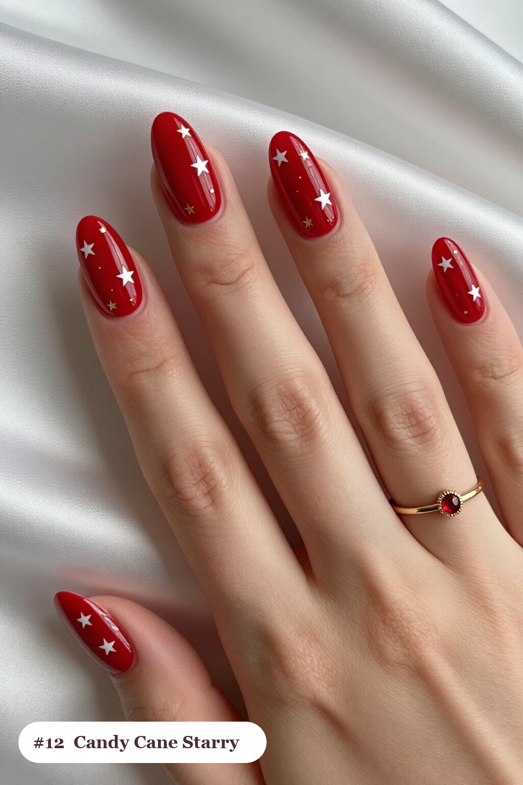 Cherry Red Coffin Nails with Starry White & Gold Sparkles - christmas nails candy cane