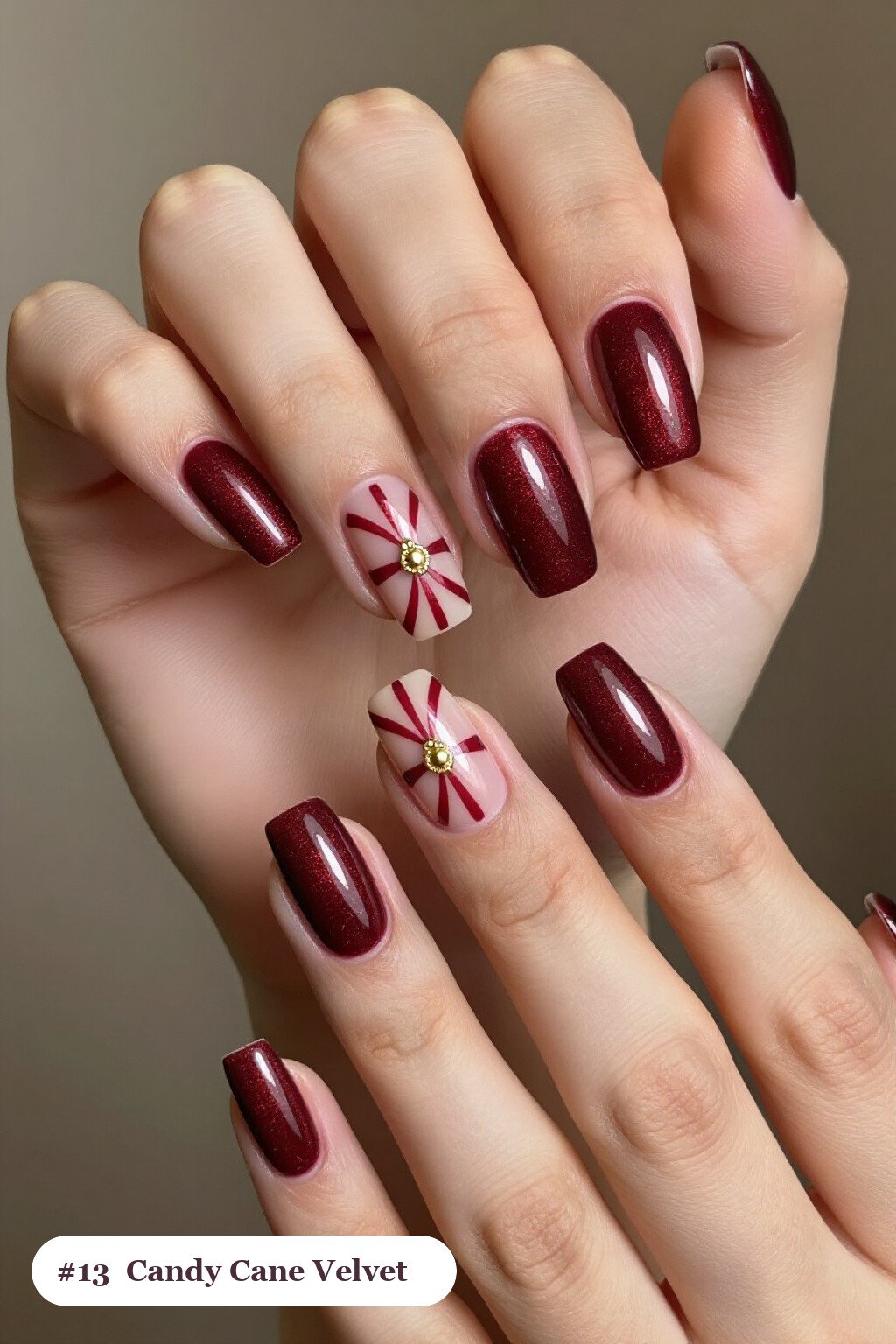 Velvet‑Shimmer Burgundy Square Nails with Gold‑Charm Accent - christmas nails candy cane