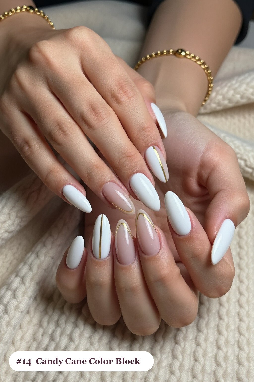 Snow‑White Colour‑Block Coffin Nails with Gold Line: On Short Nails - christmas nails candy cane