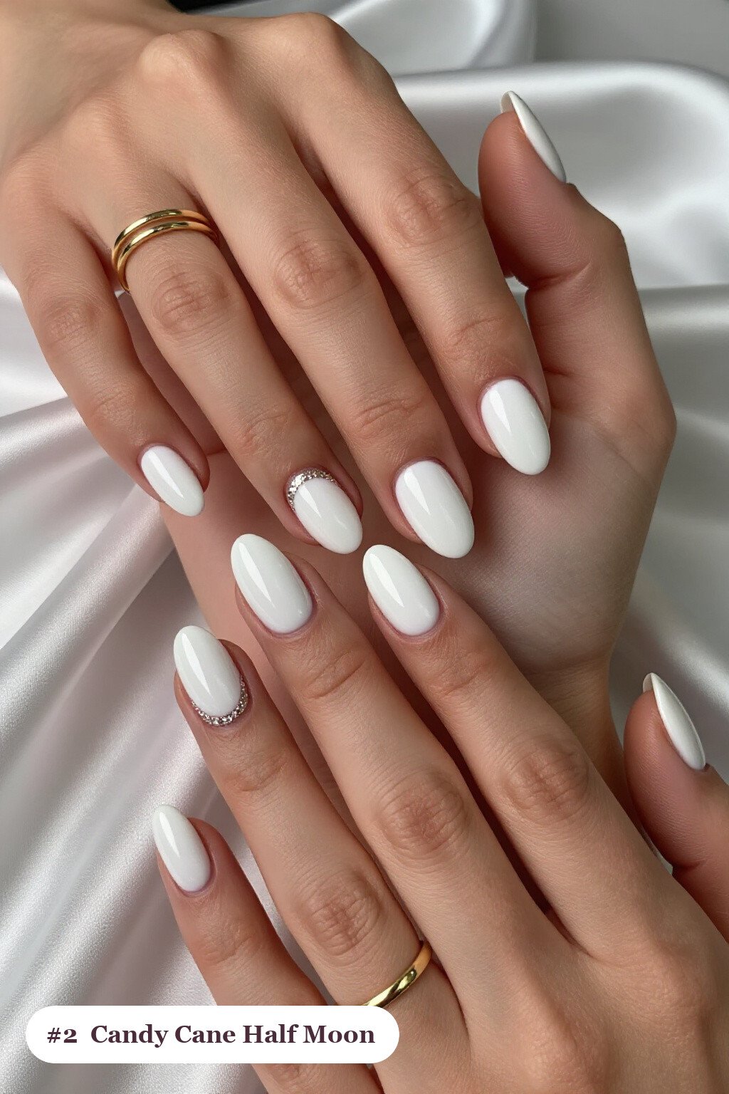Snow‑White Half‑Moon Coffin Nails with Glitter Crescent - christmas nails candy cane