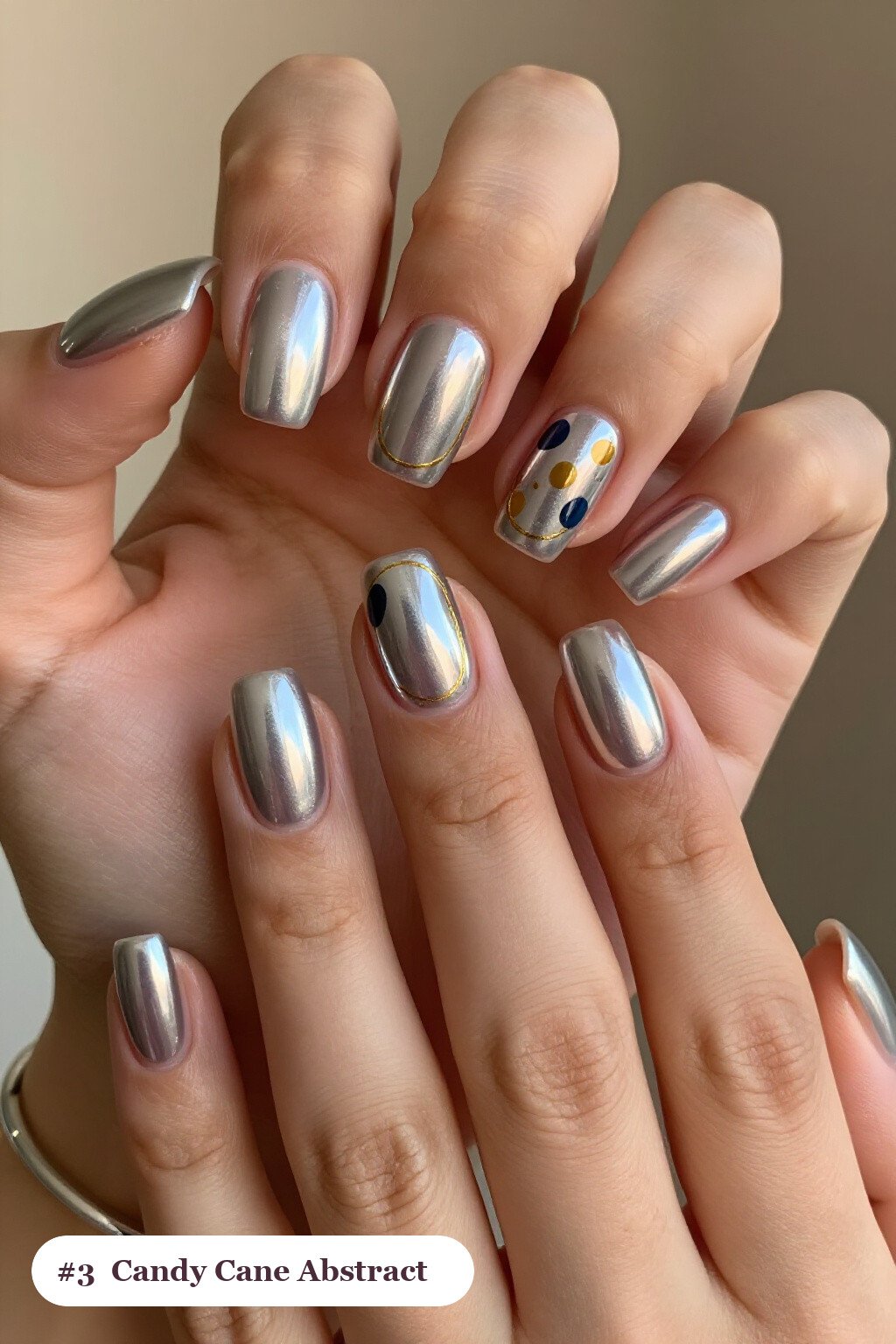 Silver Abstract‑Art Square Nails with Gold Accents - christmas nails candy cane