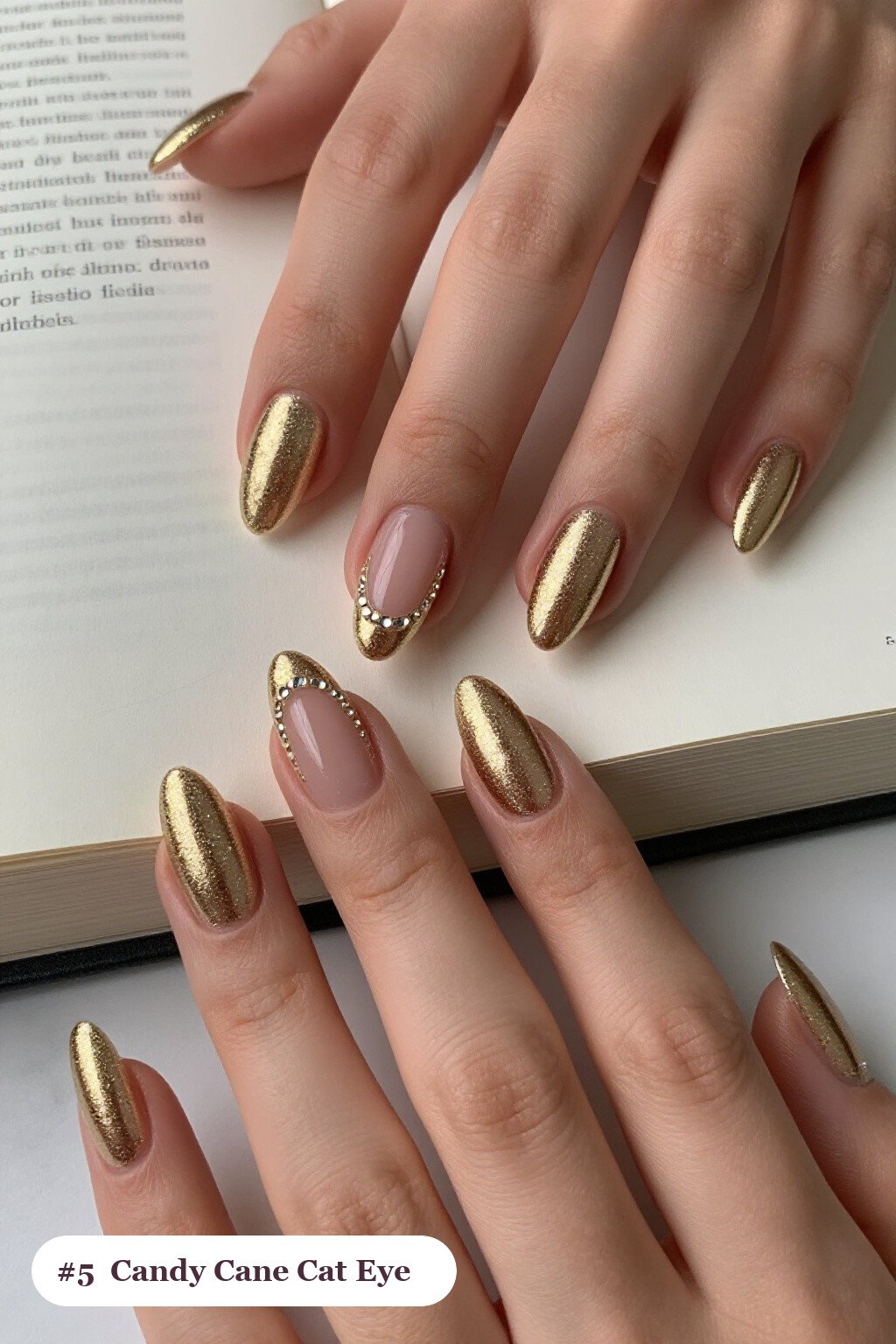 Gold Almond Nails with Gemstone Shimmer Band: Best Shades for Every Season - christmas nails candy cane