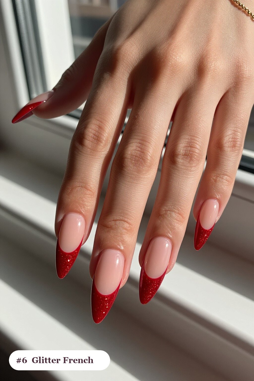 Cherry Red Stiletto Nails with Glitter French Tips - christmas nails candy cane