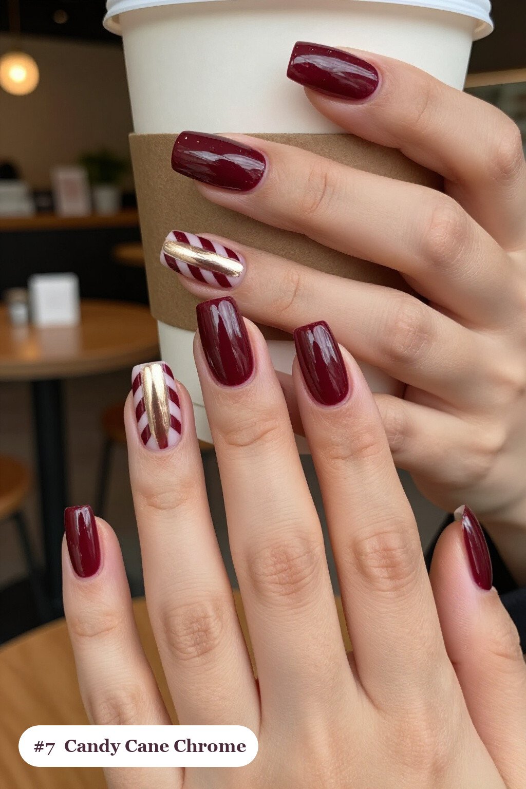 Liquid‑Chrome Burgundy Square Nails with Metallic Highlights - christmas nails candy cane