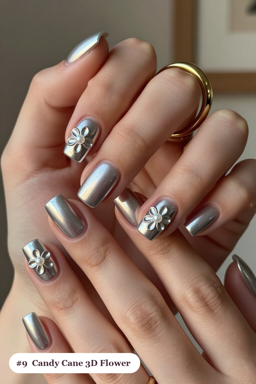 Silver Short‑Square Nails with 3D Pearl Flowers - christmas nails candy cane